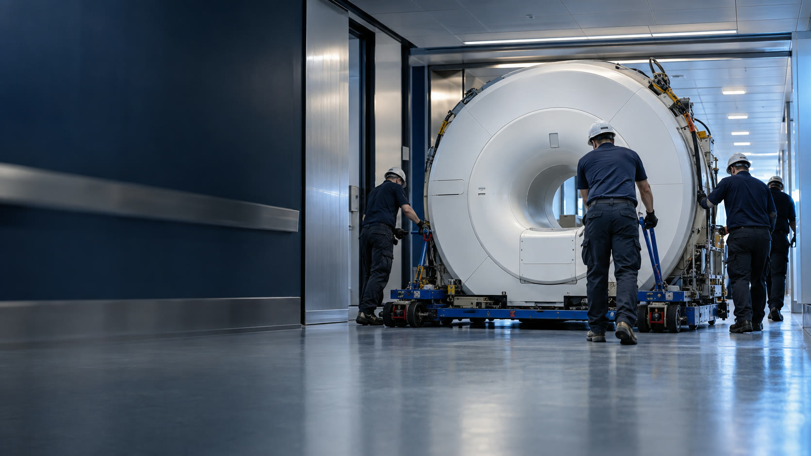 Konsept görsel: hastane içinde kontrollü MRI taşıma operasyonu
